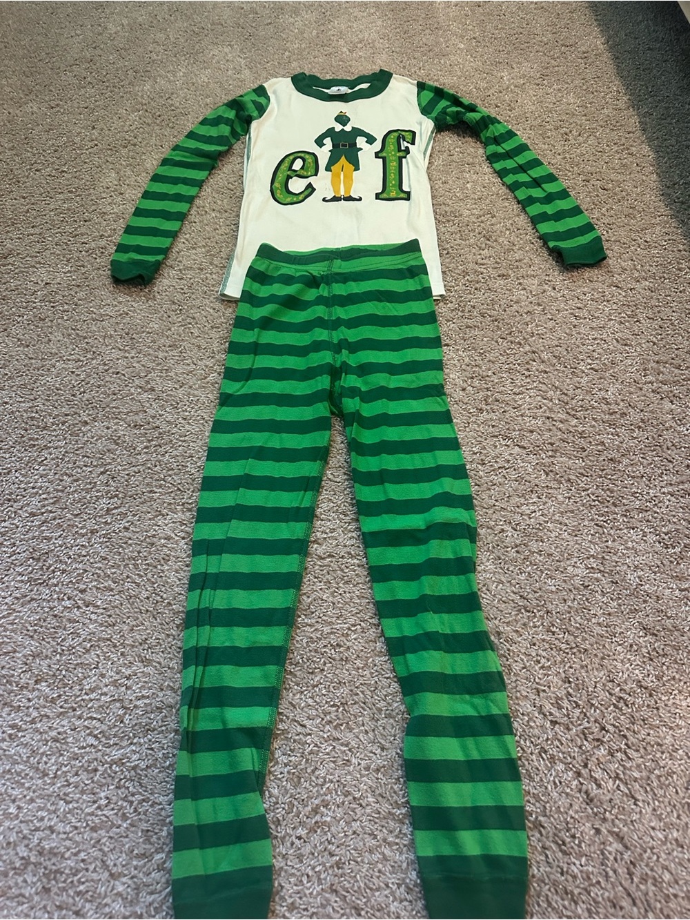 ELF Green and Cream Kids Two-Piece Striped Pajama Set